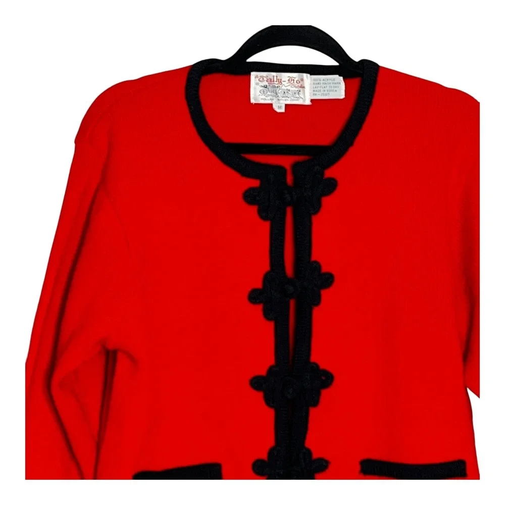 Vintage Tally-Ho Creation Red Black Knit Cardigan‎ Frog Closure Sweater Womens M